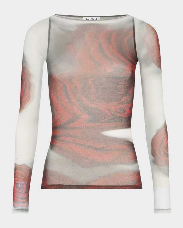 Blurry Roses-Print Mesh Boat-Neck Top